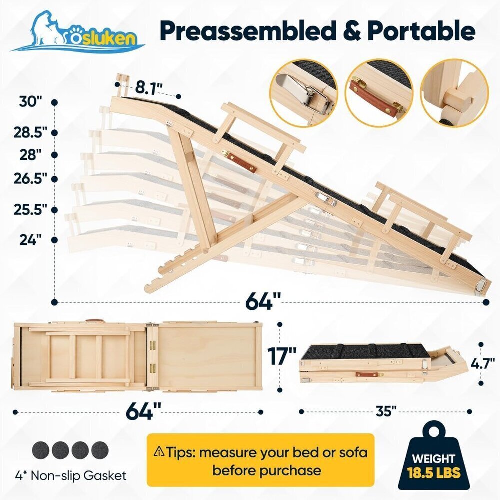 Dog Ramp for Bed with Rails, 64" Long Foldable Pet Ramp - Picture 2 of 7